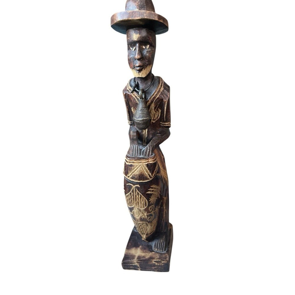 Vintage Wood Carved Figurine Male African Male Drummer Native Folk Art 13"